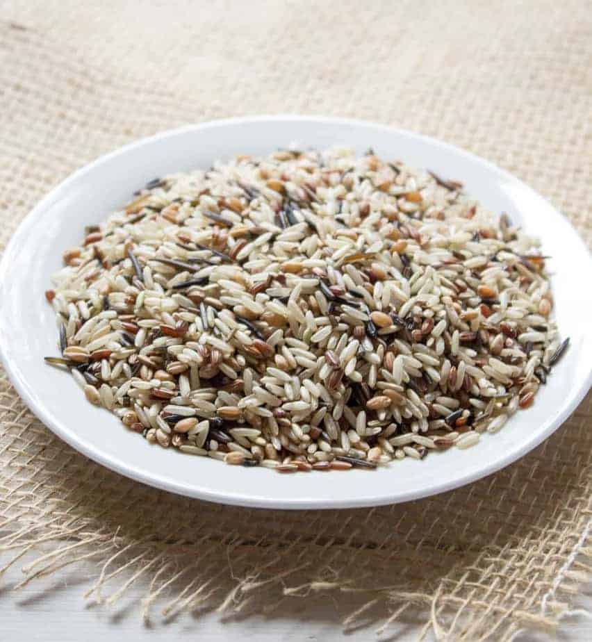 A plateful of wild rice mixed with other rice. 