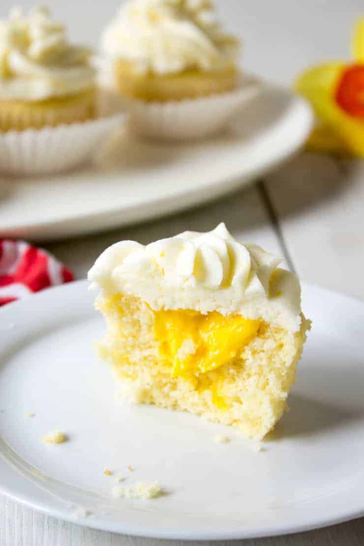 Cupcakes filled with lemon filling and lemon buttercream.