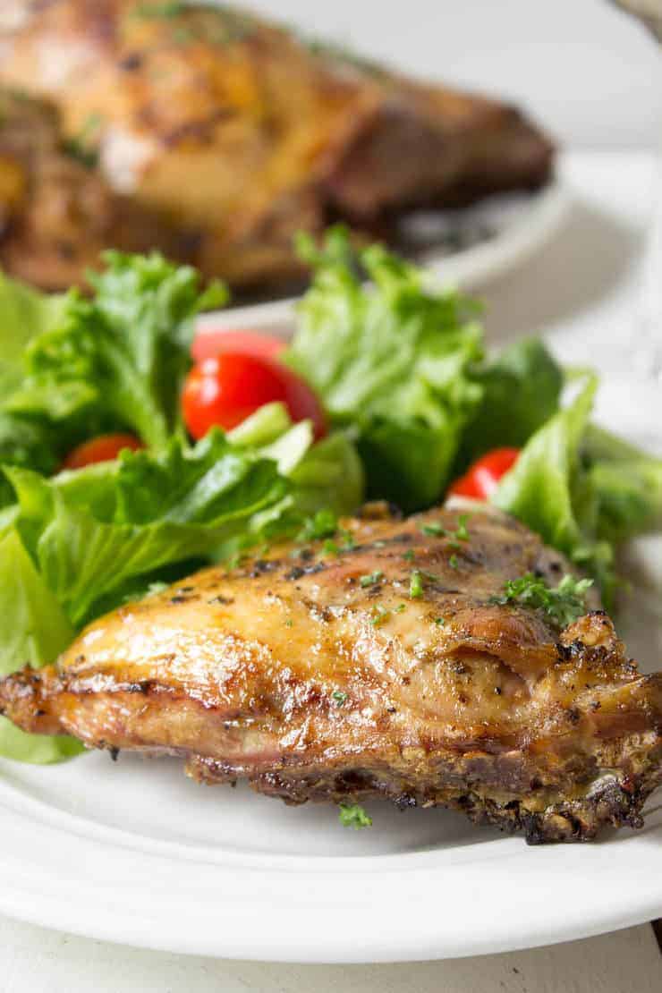 Barbecued chicken on a white plate with a green salad.