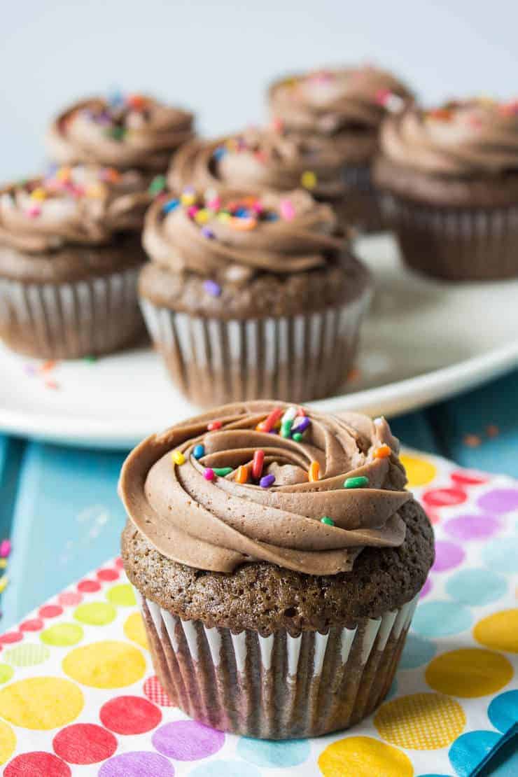 Chocolate cupcake topped with chocolate frosting and sprinkles. 