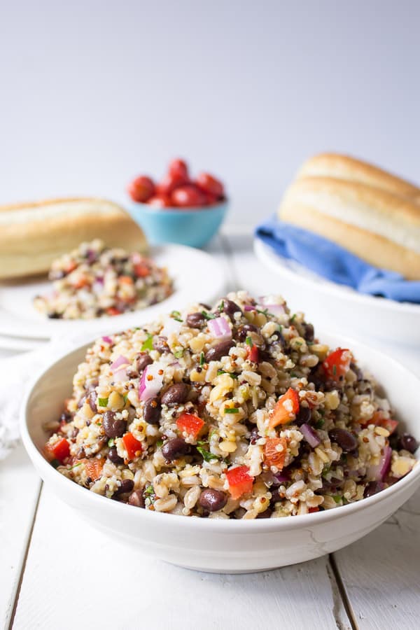 Whole grains in a white bowl.