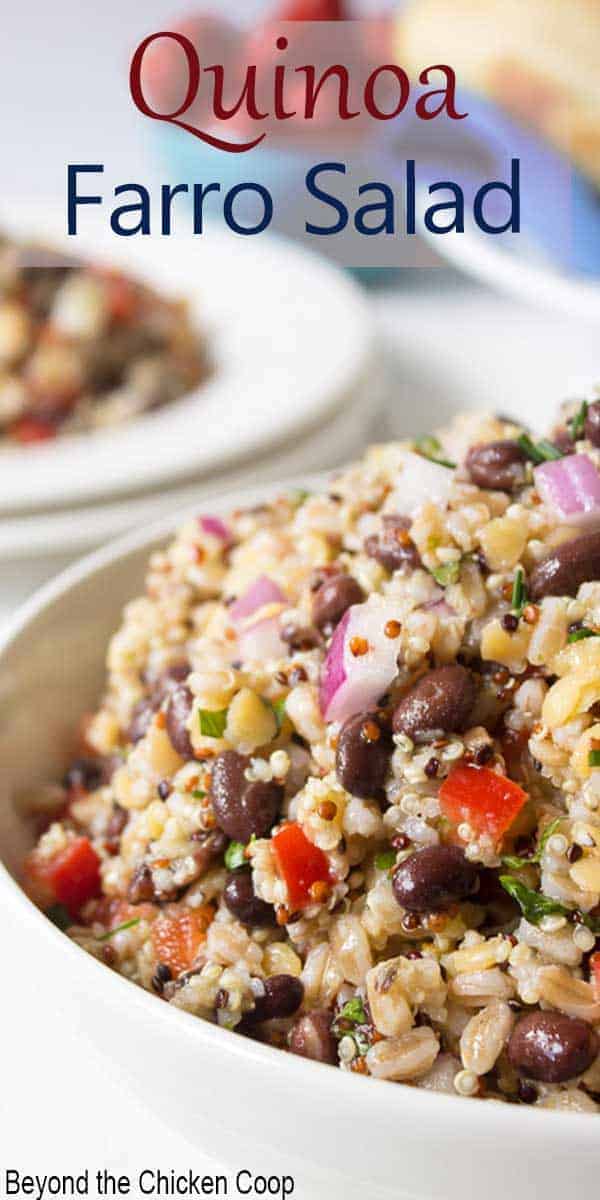 A white bowl filled with a whole grain salad. 