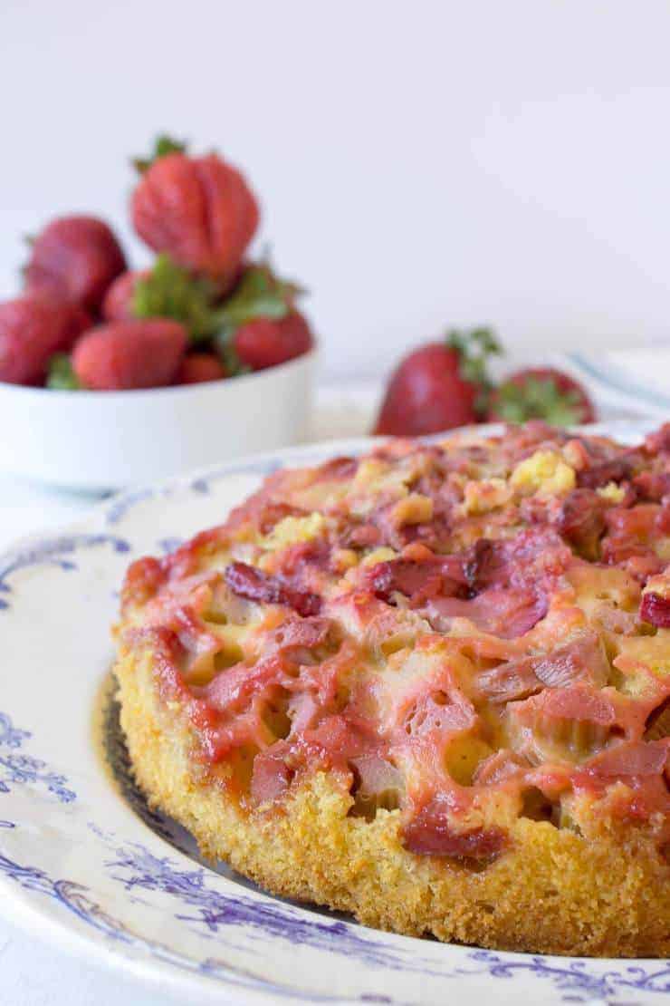 An upside down cake with rhubarb and strawberries.