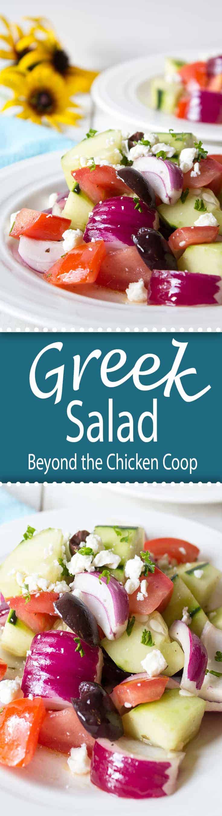 Fresh Tomatoes, Cucumbers, Red Onions and Feta come together in a delicious salad.