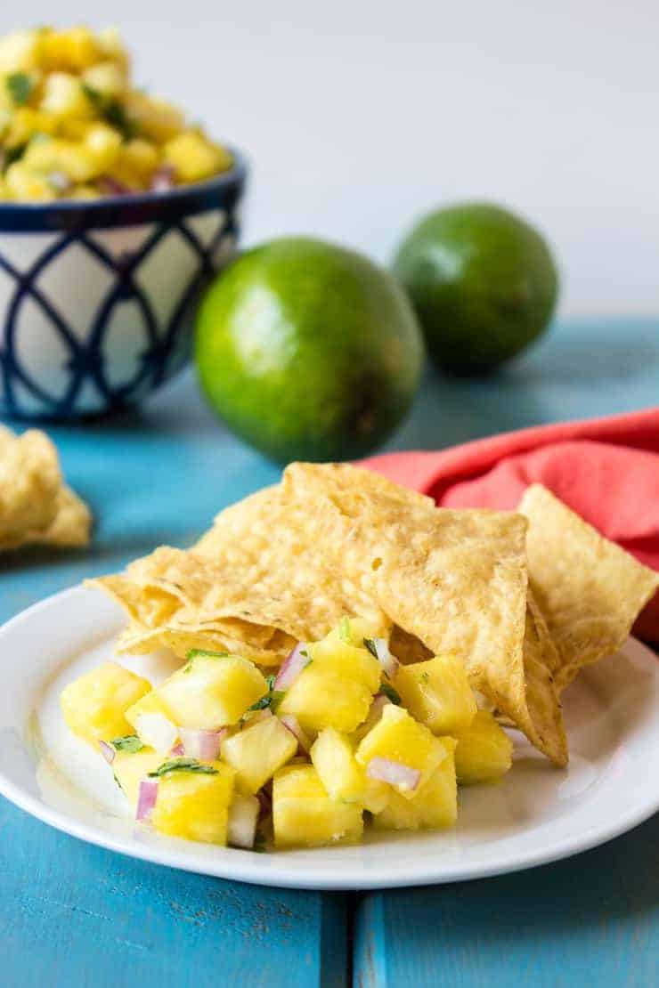 Pineapple Salsa with red onions and cilantro served with corn chips