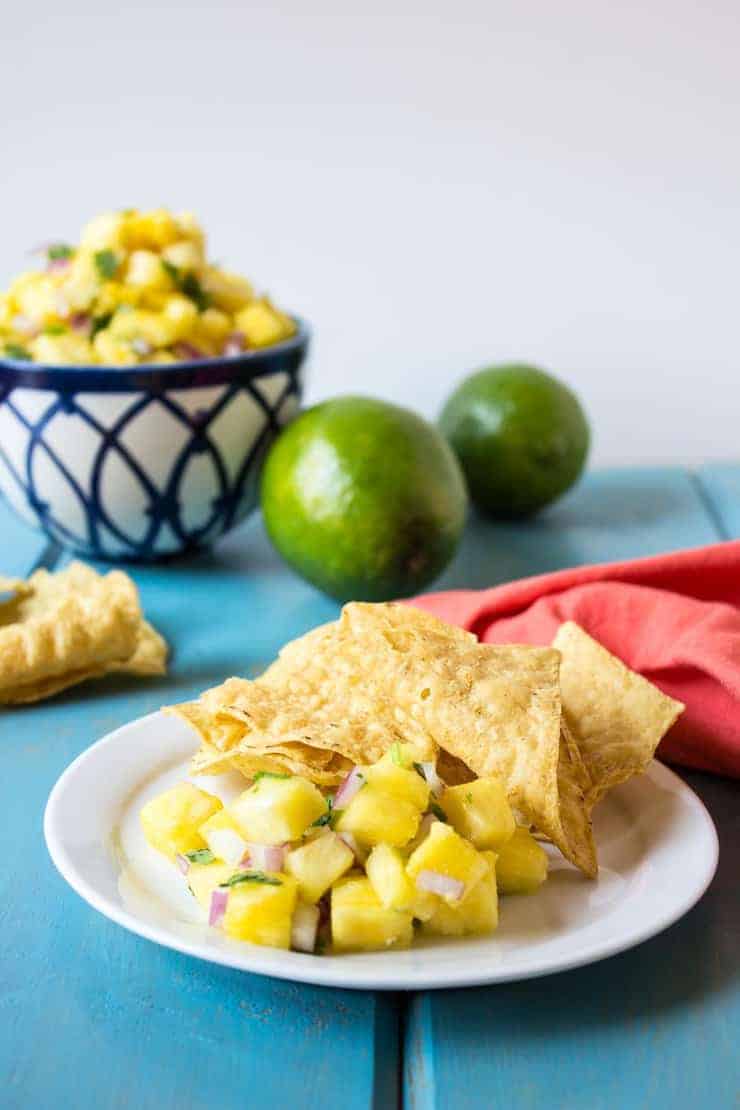 Salsa on a plate with corn chips. 