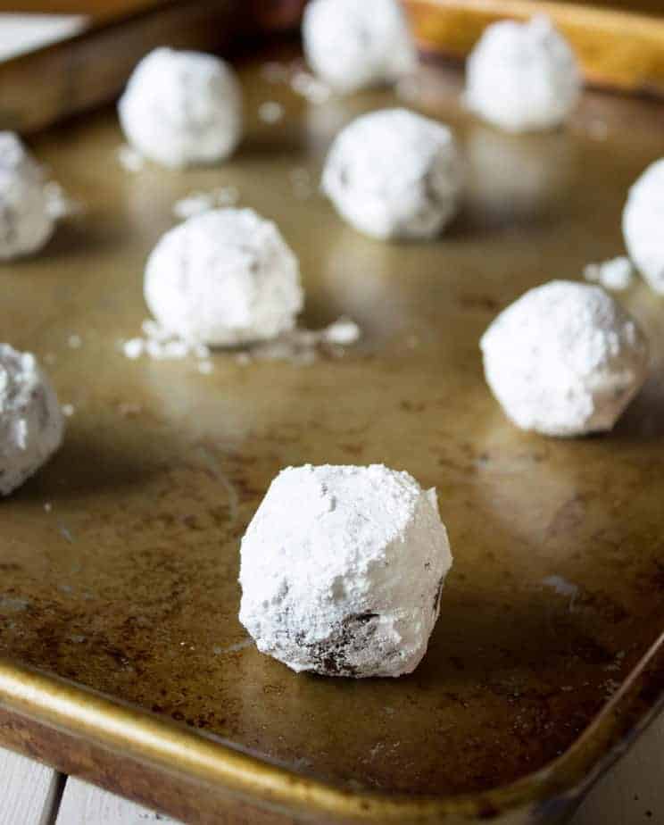 Chocolate dough rolled in powdered sugar.
