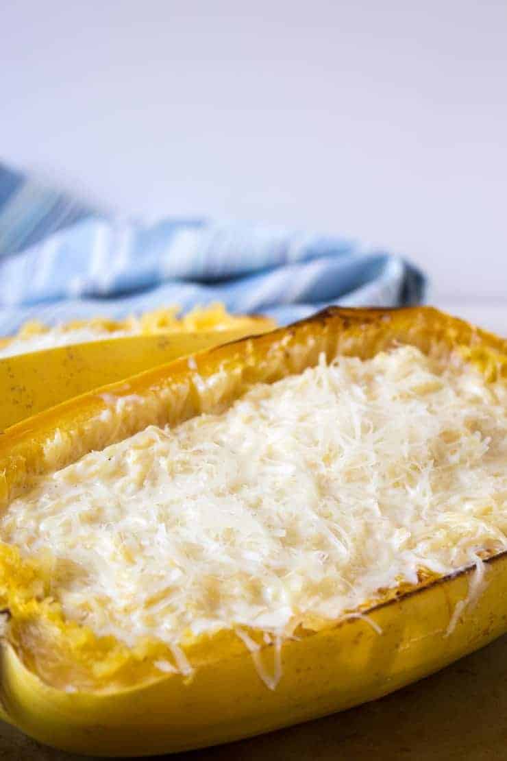 Spaghetti Squash stuffed and topped with cheese. 