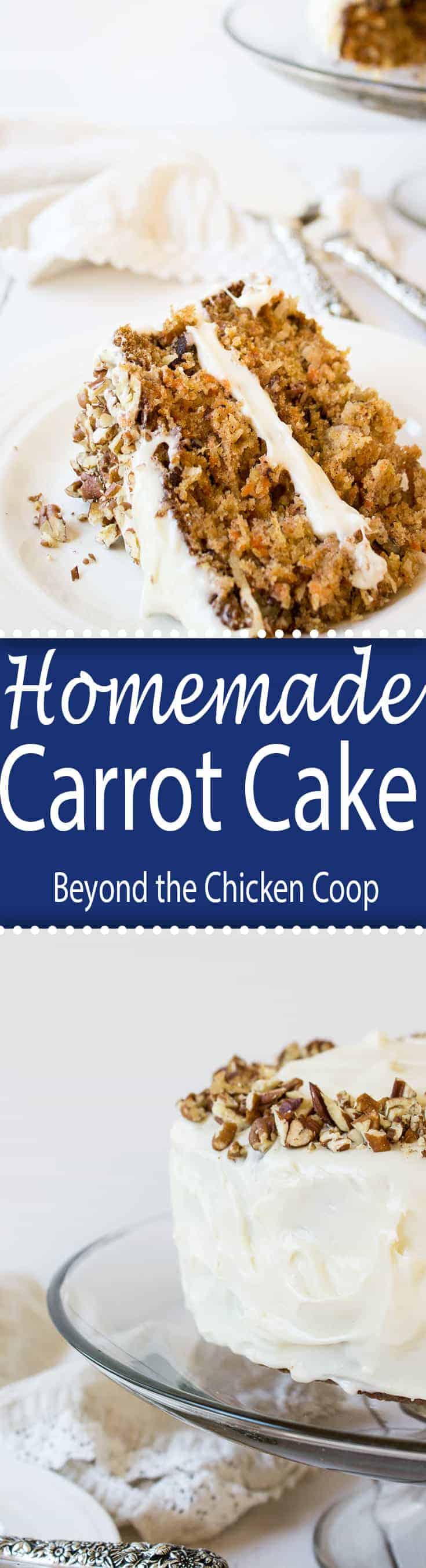 Homemade carrot cake with a cream cheese frosting.