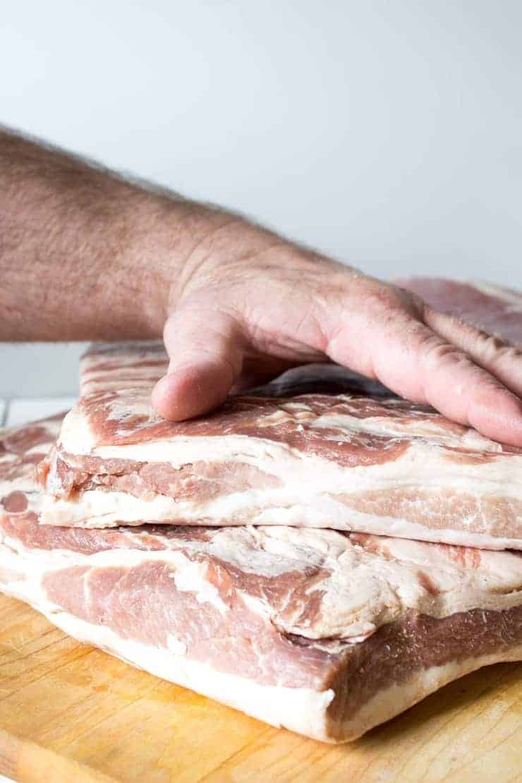 Large slabs of pork ready to be cured and smoked for bacon