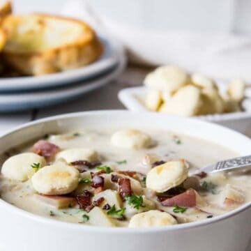 Delicious spoonful of homemade clam chowder