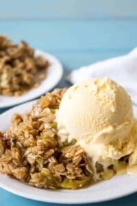 Fresh rhubarb baked with a sweet oatmeal topping! This rhubarb crisp is a family favorite!