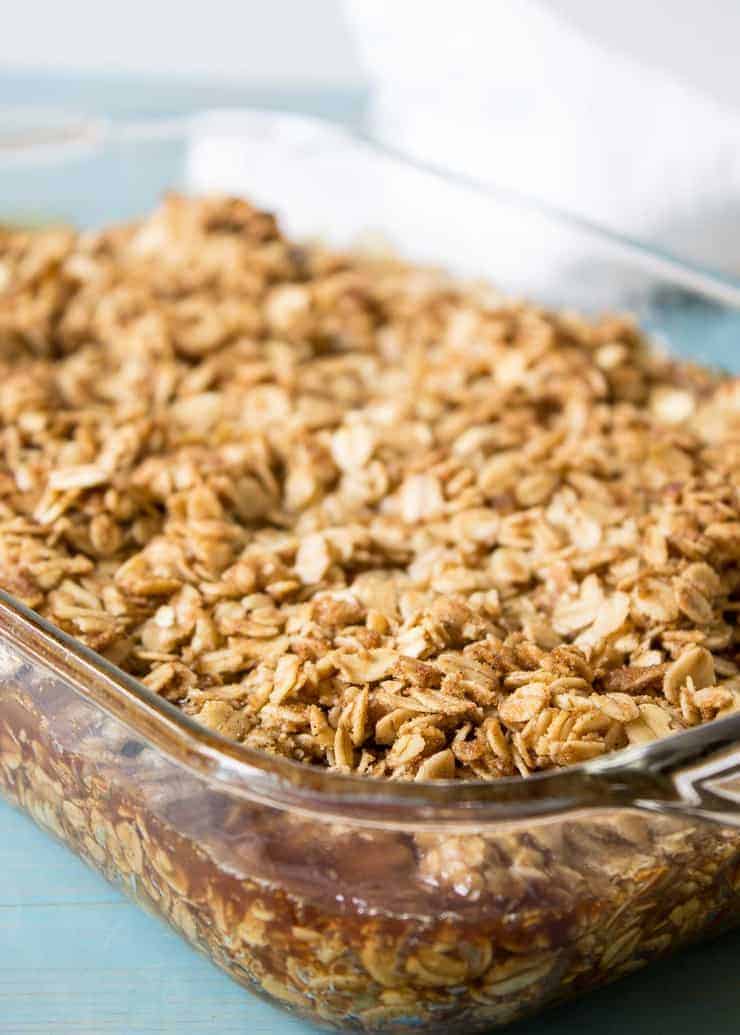 An oatmeal crisp with rhubarb in a glass casserole dish.