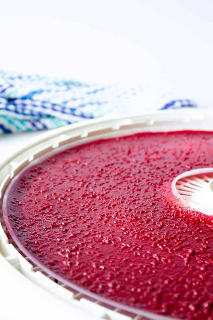 Dried raspberry fruit roll ups on a dehydrator tray.