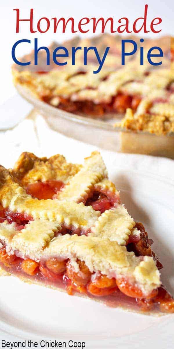 A slice of cherry pie topped with a lattice crust.