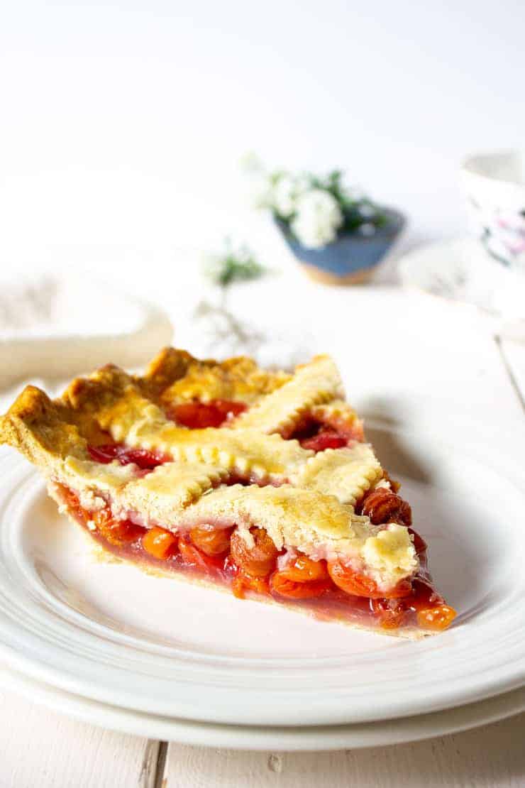 A slice of pie on a small white plate.