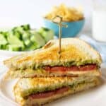 Pesto Grilled Cheese Sandwich made with pesto, gouda cheese, and garden fresh tomatoes.