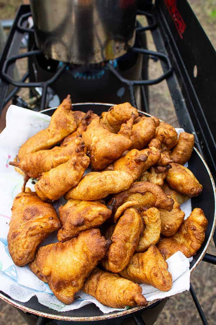 Platter full of beer battered fish.