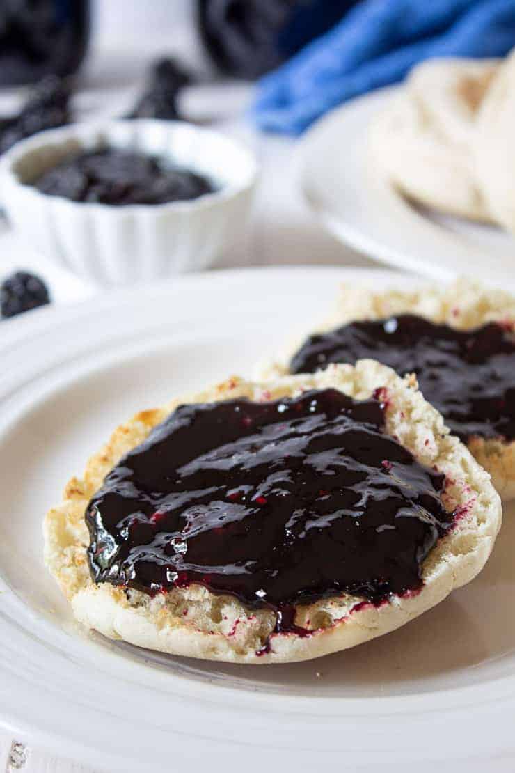 Blackberry jam on an English muffin.