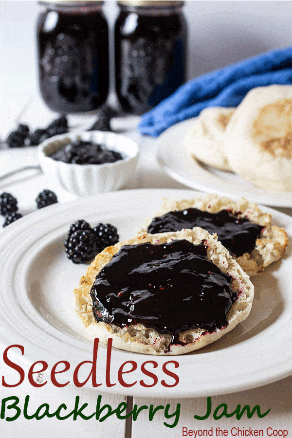 Homemade Seedless Blackberry Jam made with just two ingredients: blackberries and sugar. No added pectin. #blackberryjam #seedlessblackberryjam #blackberries #preservingfood