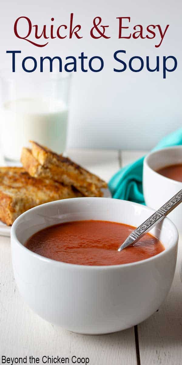 A bowl filled with tomato soup with a spoon in the bowl.