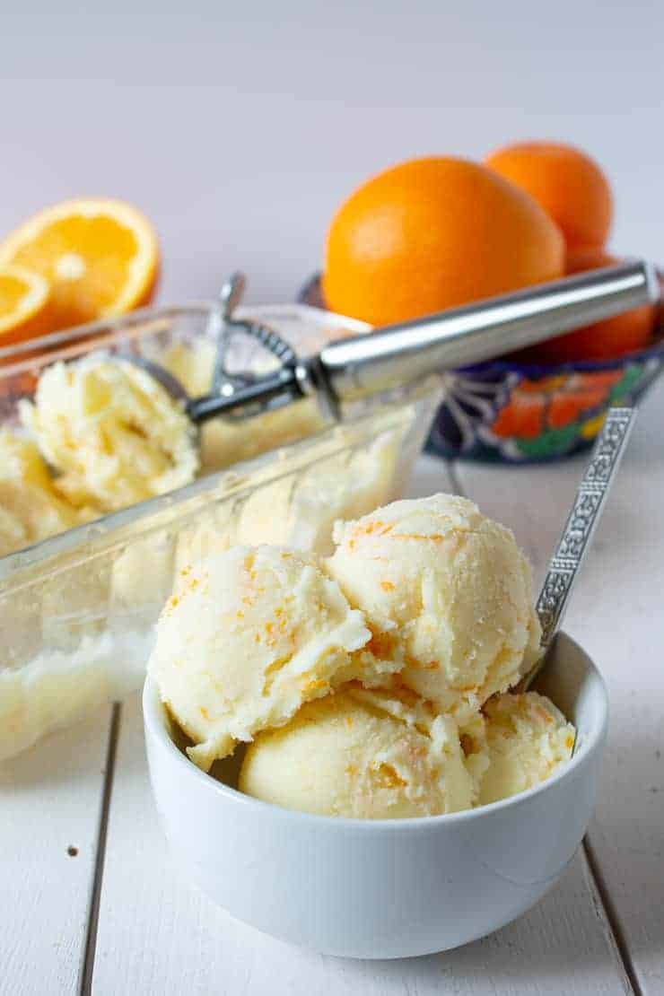 A bowlful of homemade orange sherbet.