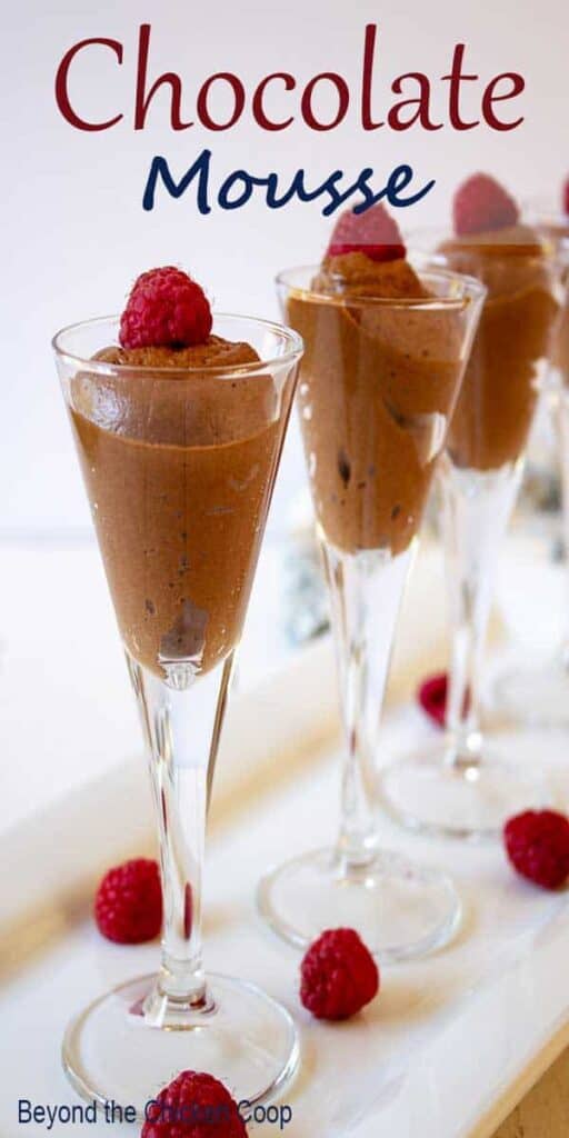 Chocolate mousse topped with fresh raspberries.