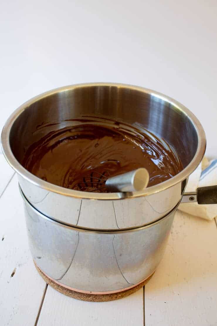 Chocolate melted over a double boiler.