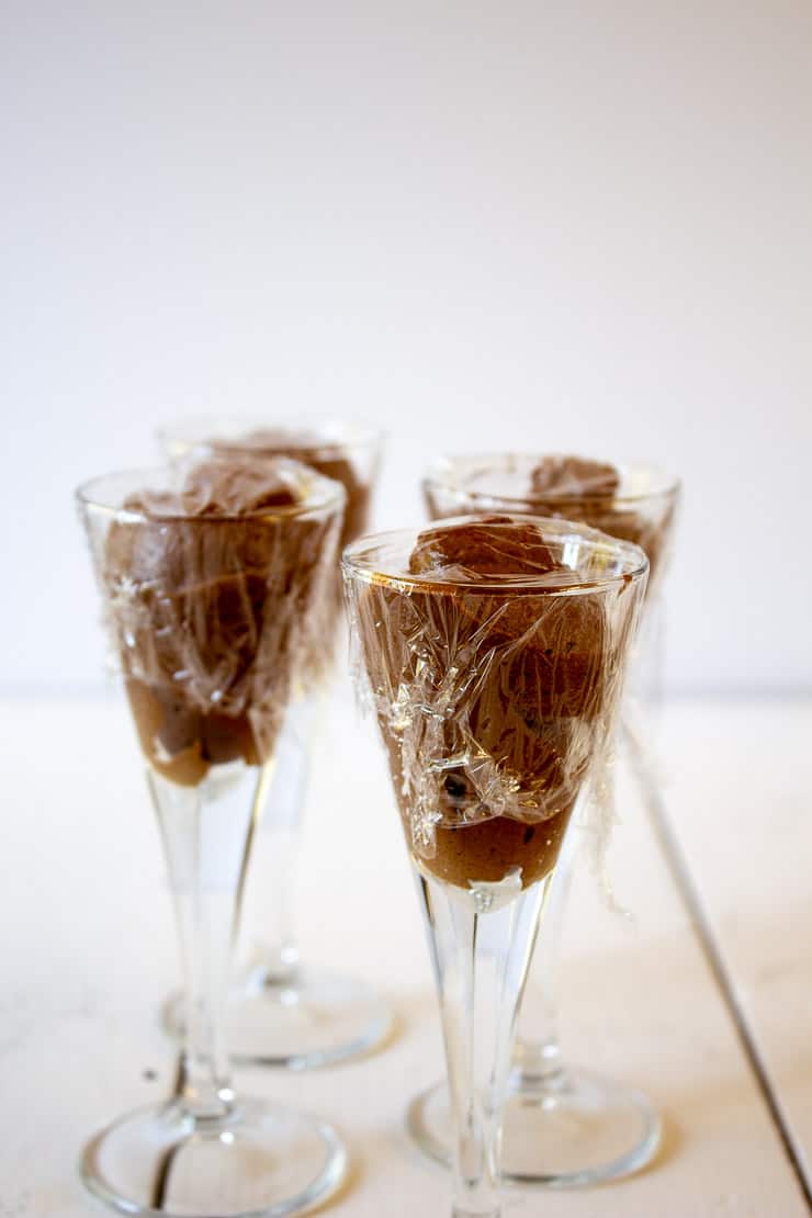Chocolate mousse covered with plastic wrap