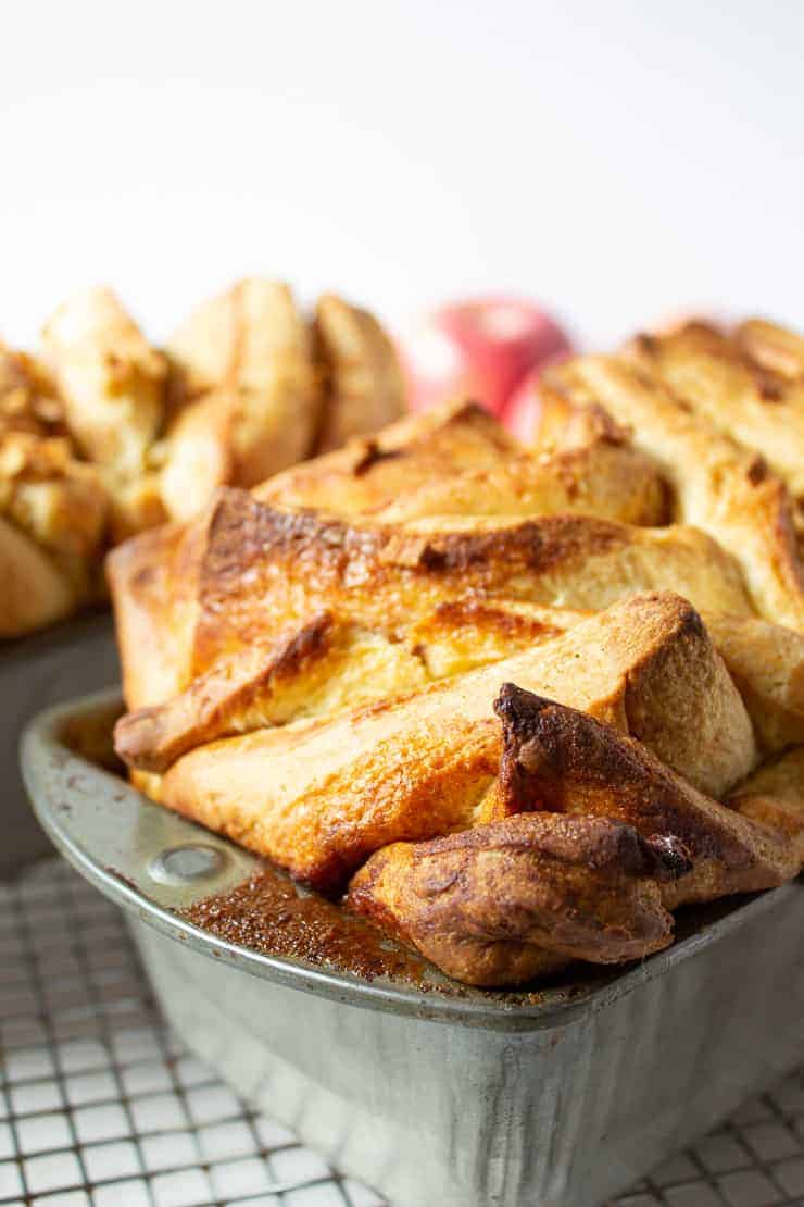 Layers of bread in a bread pan.