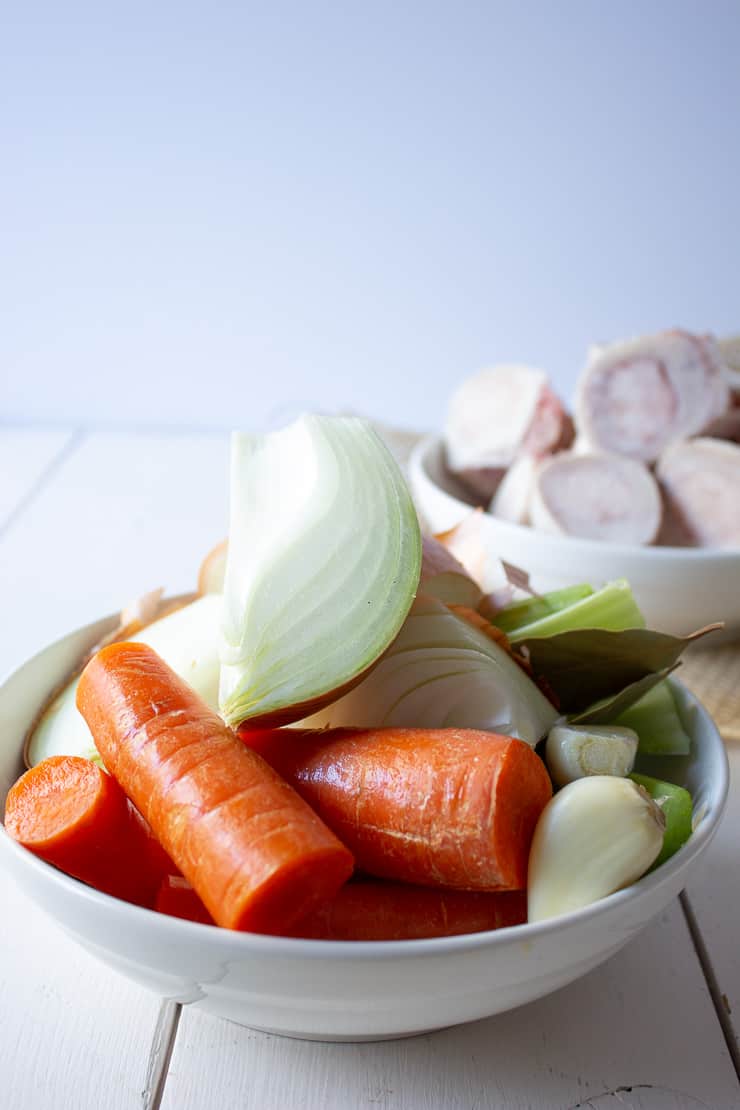 A bowlful of carrots, onions, celery and garlic for making Instant Pot Bone Broth