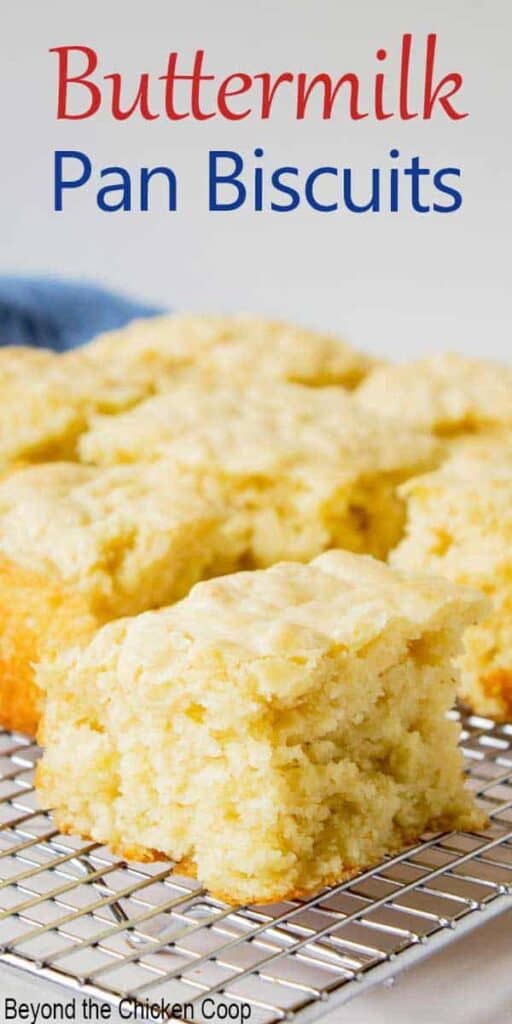 Buttermilk biscuits cut into square pieces.