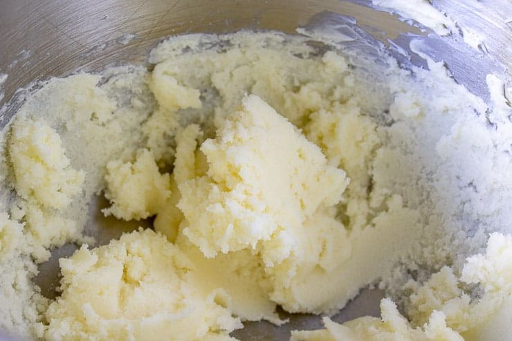 Creamed butter and sugar in a mixing bowl. 