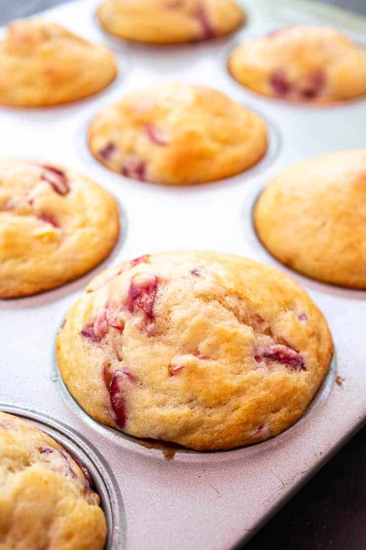 Baked muffins in a muffin tin.