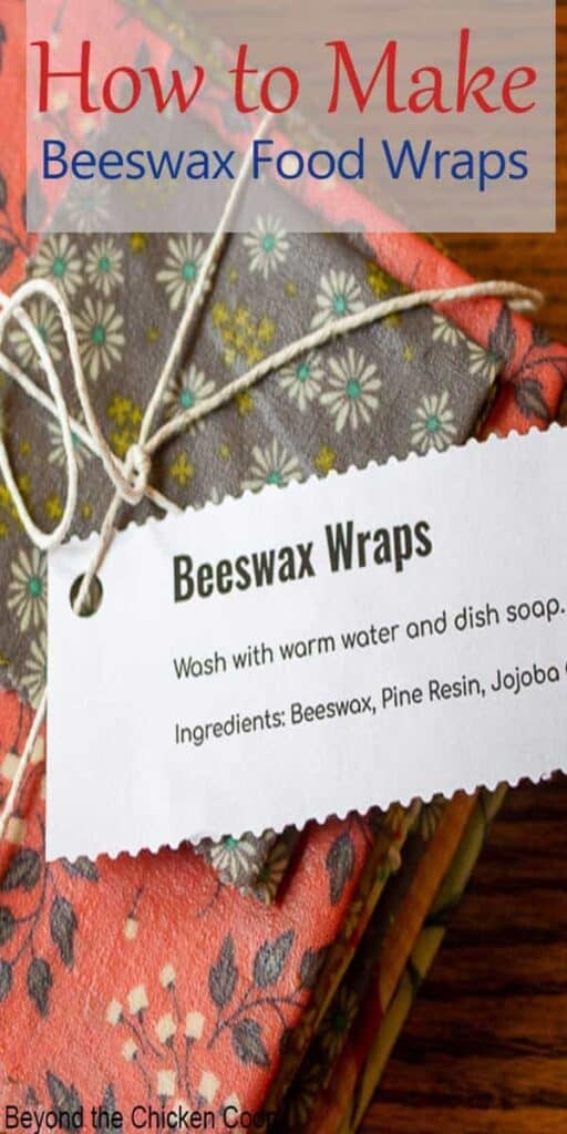 Beeswax wraps folded and stacked and tied together with string.