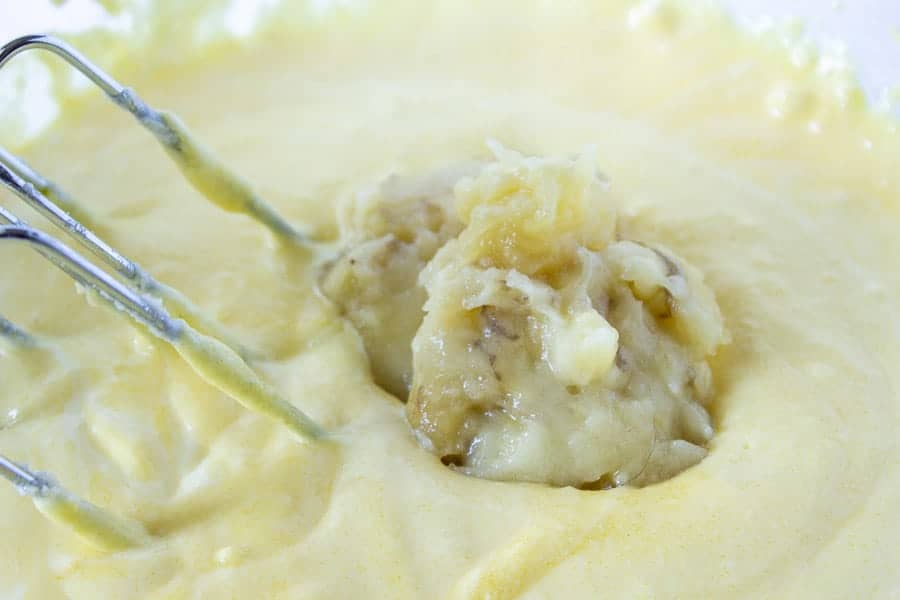 Mashed banana added to batter.