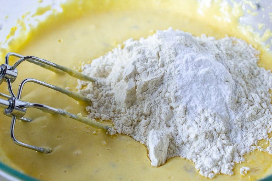 Flour mixture added to cake batter.