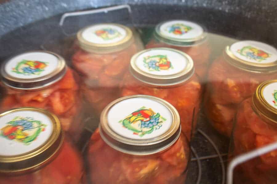 Jars of tomatoes in a pot filled with water.