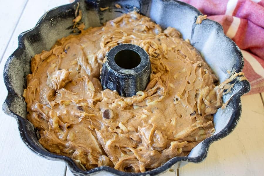 Cake batter in a bundt pan.