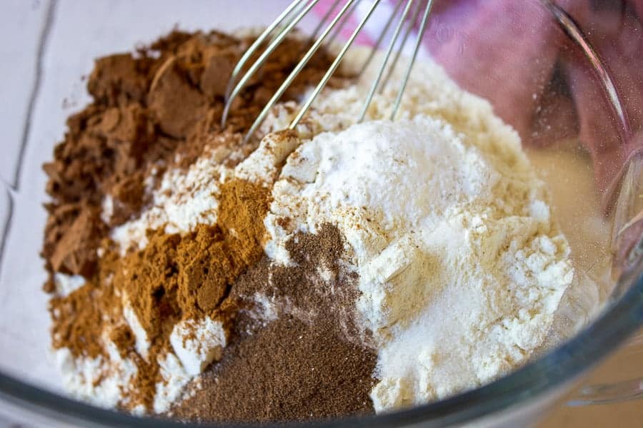 Dry ingredients in a glass bowl.