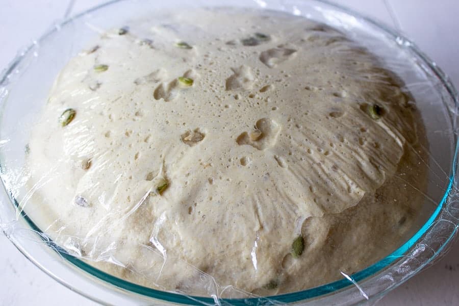 Bread dough in a bowl covered with plastic wrap.