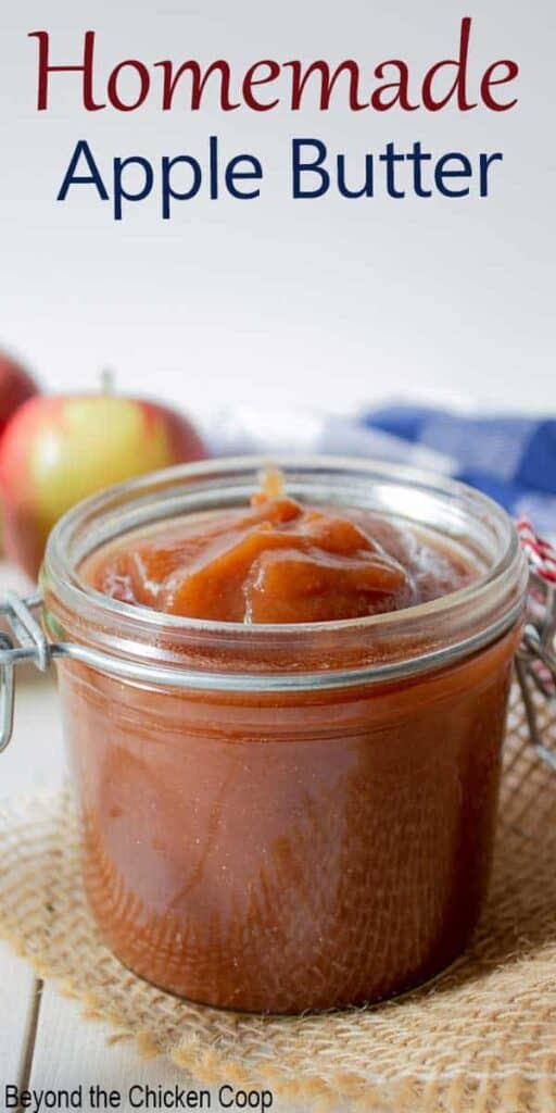 A glass jar filled with smooth apple butter.