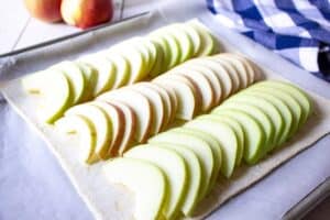 Fresh apple slices lined up in three rows.