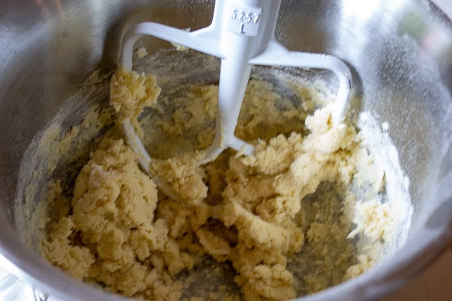 Cookie dough in a mixing bowl.