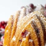 A fancy bundt cake filled with cranberries.