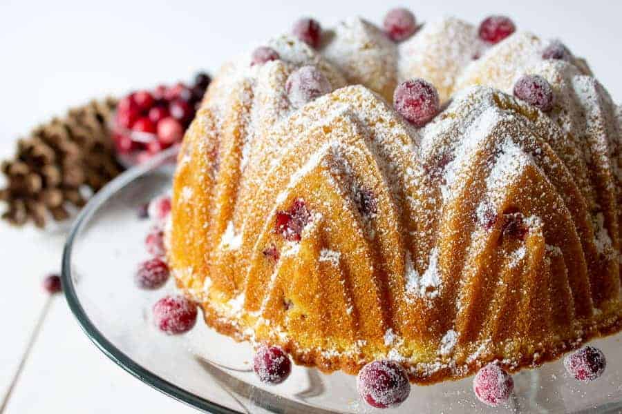 Bundt cake topped with sugared cranberries. 