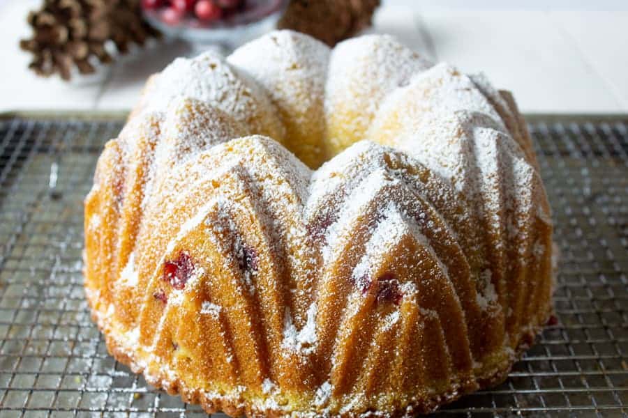 A bundt cake with a dusting of powdered sugar.