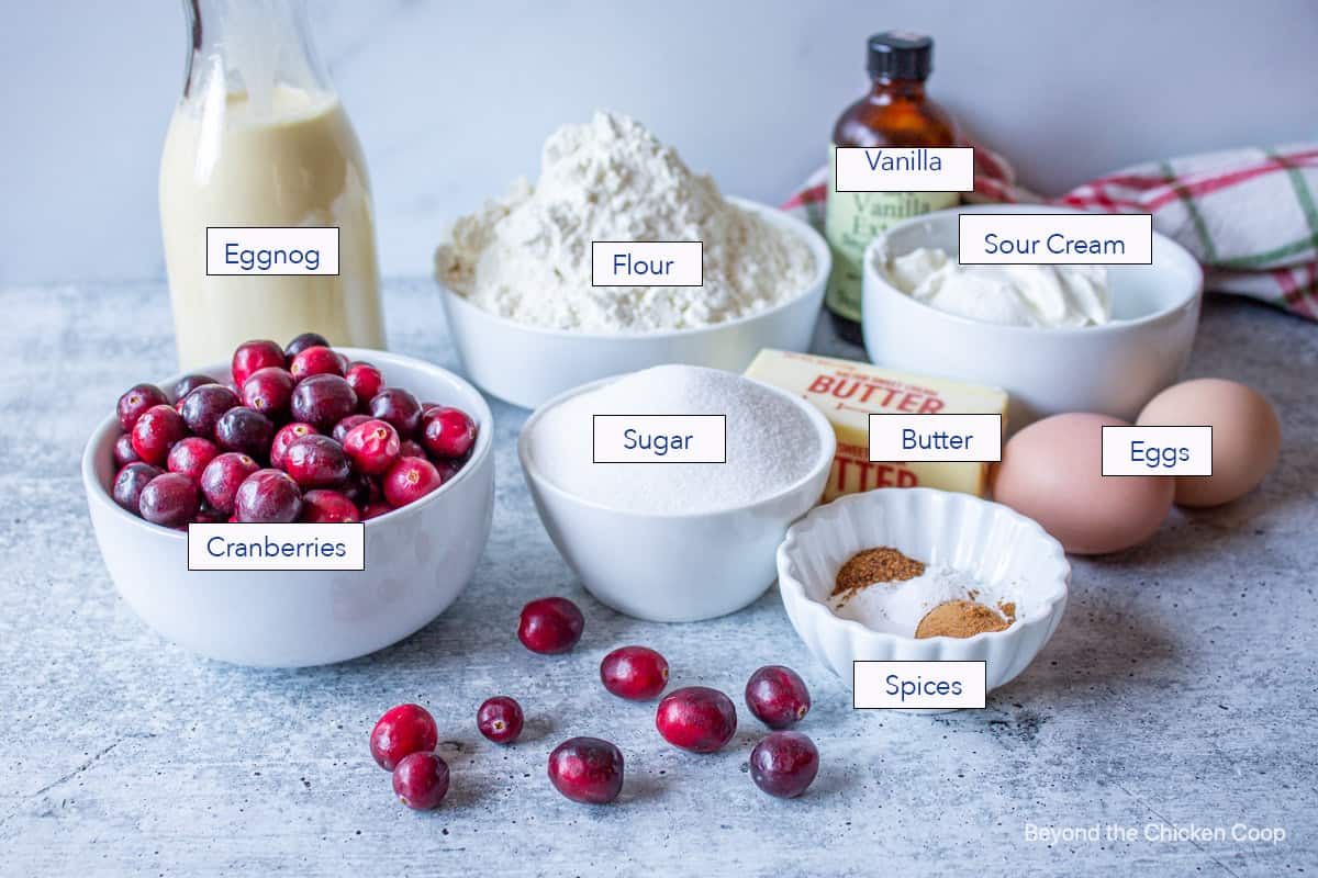 Ingredients for making a coffee cake with cranberries.