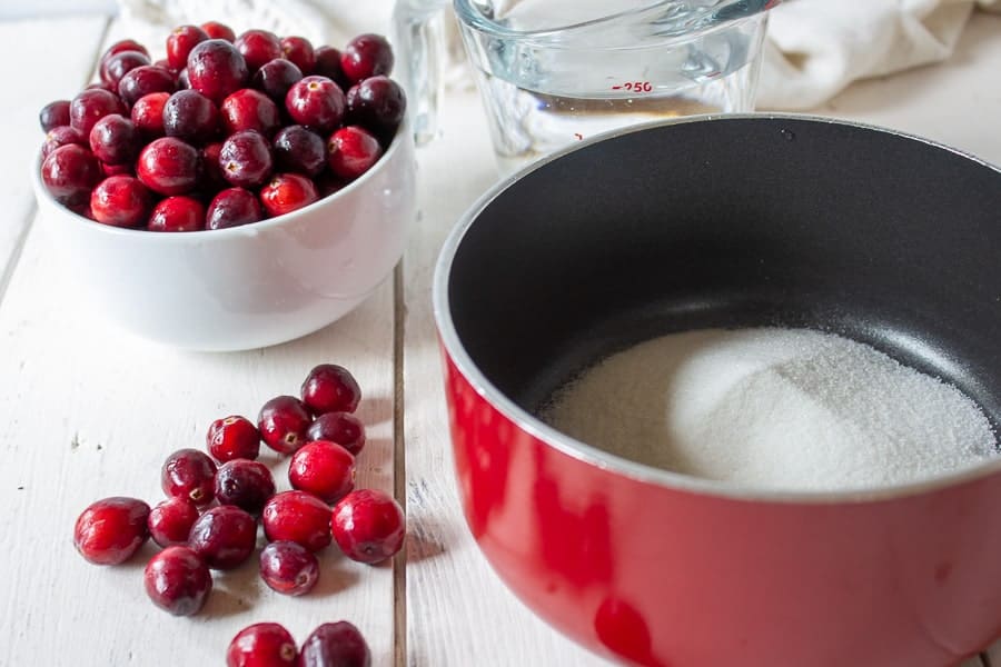 A red saucepan filled with water and sugar with fresh cranberries next to the pot.