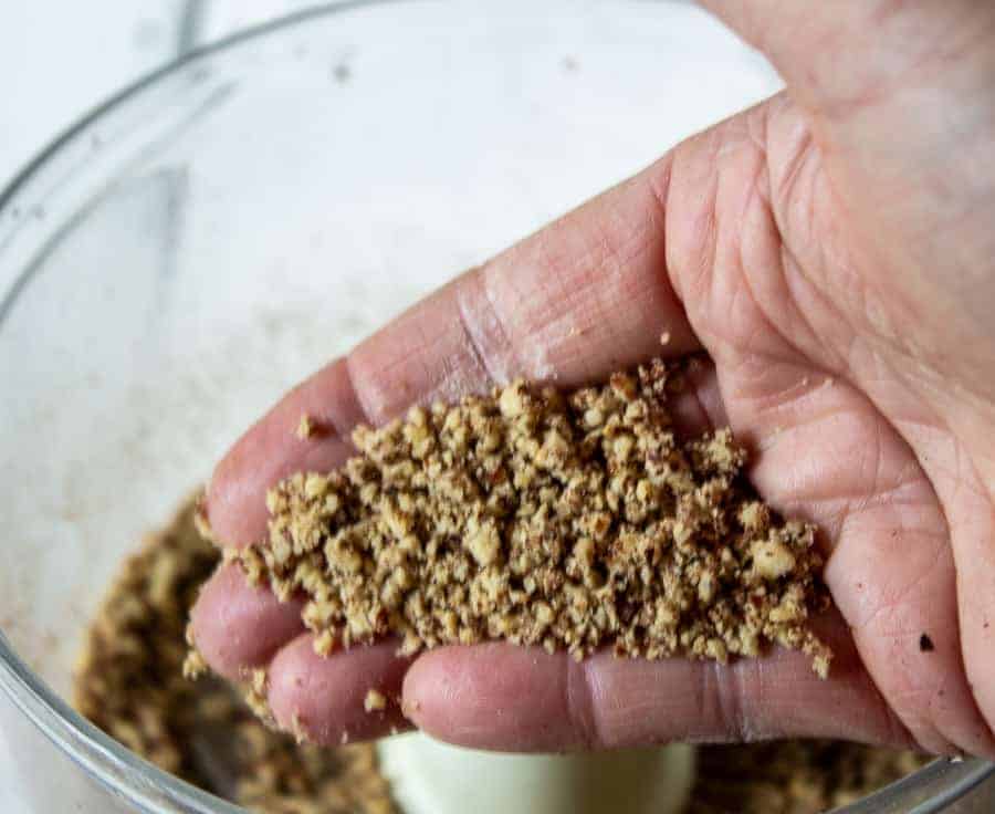 Finely chopped pecans in a hand.